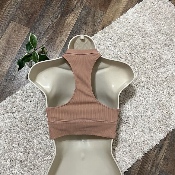 Offline by Aerie Brown Ribbed Knit Lace Up Longline Extensible Sports Bra - Picture 4 of 5